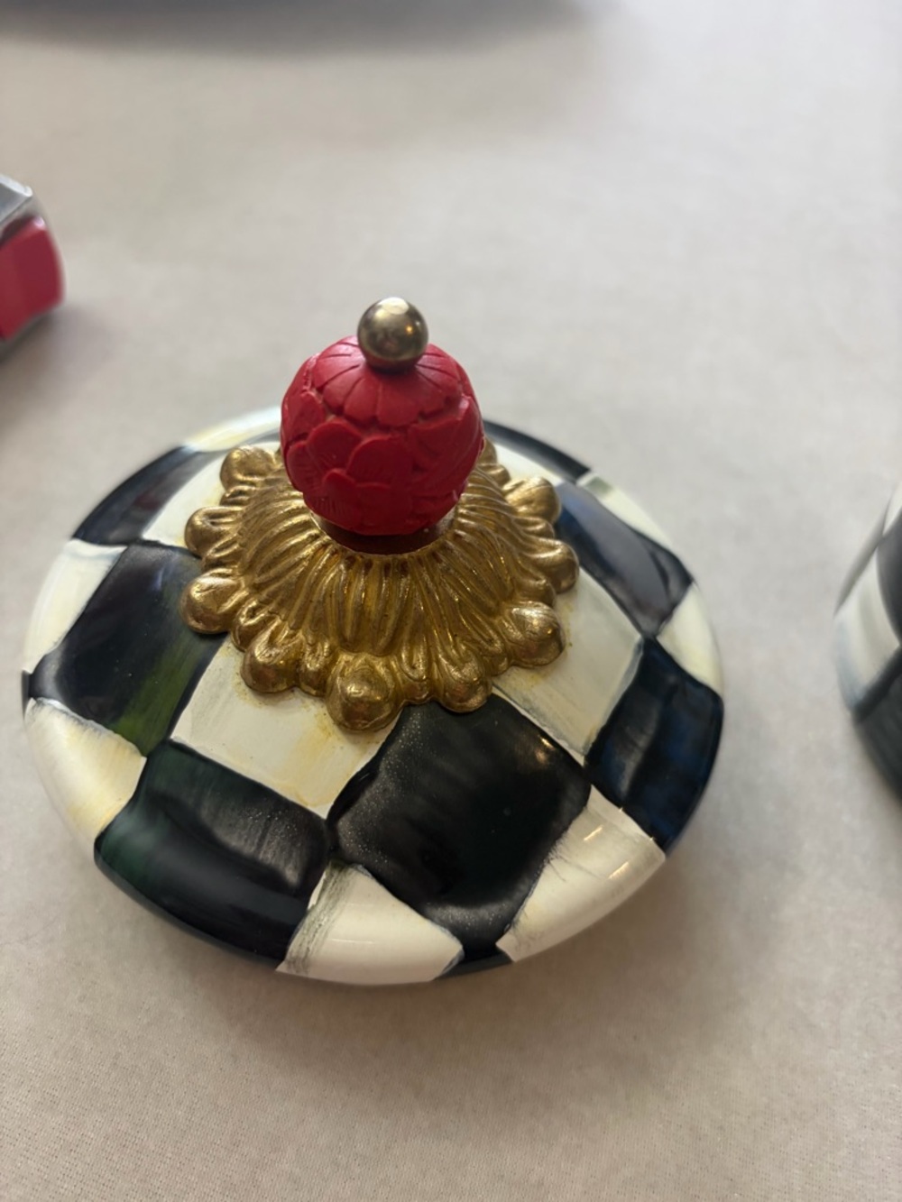 MacKenzie-Childs Black and White Checkered Ceramic Jar with Red Knob - Picture 10 of 11